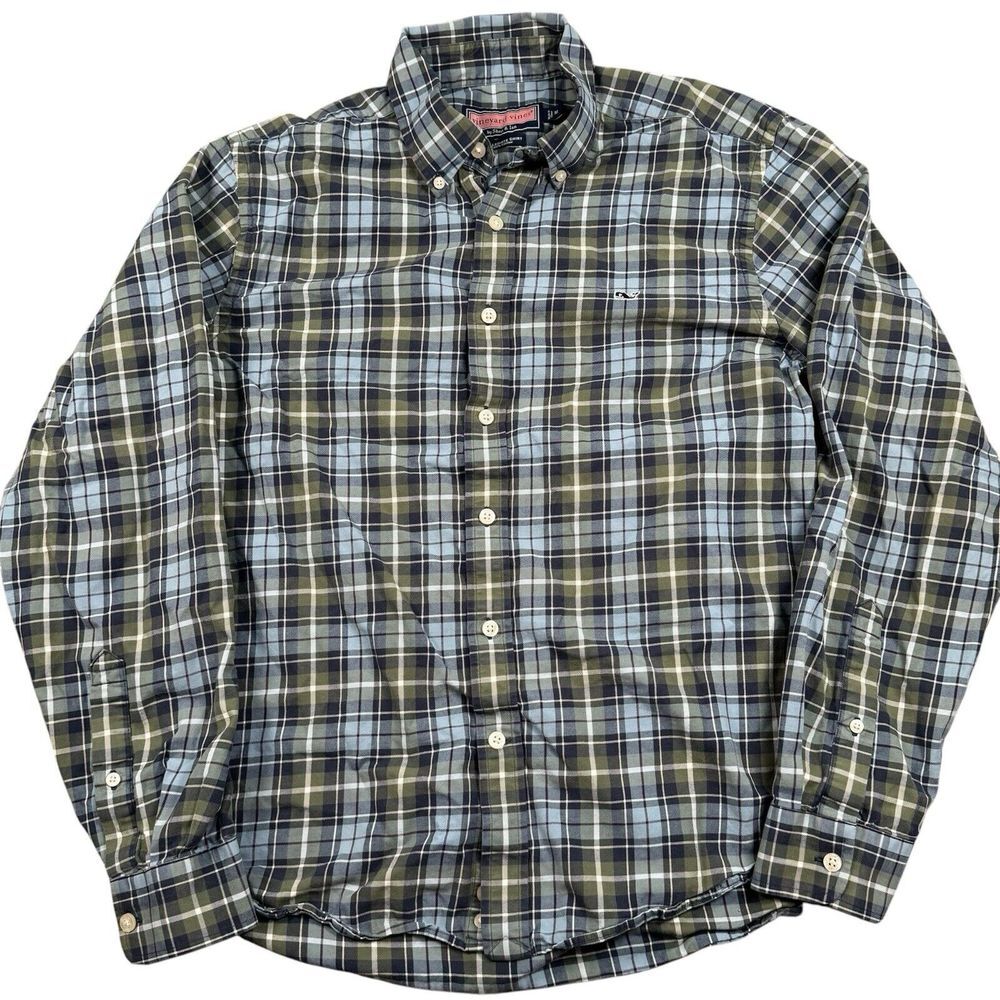 Vineyard Vines Collegiate Mens Medium Green Blue Plaid Long Sleeve Button Shirt